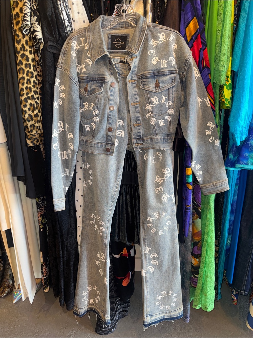 American Bazi Rhinestone Font Printed Flare Jeans and Jacket Set